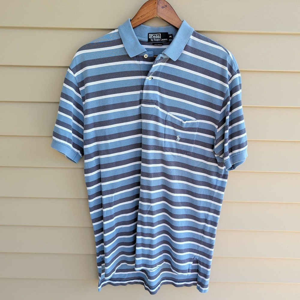 Polo Ralph Lauren Polo Shirt Mens Medium Blue Striped Pocket Short Sleeve